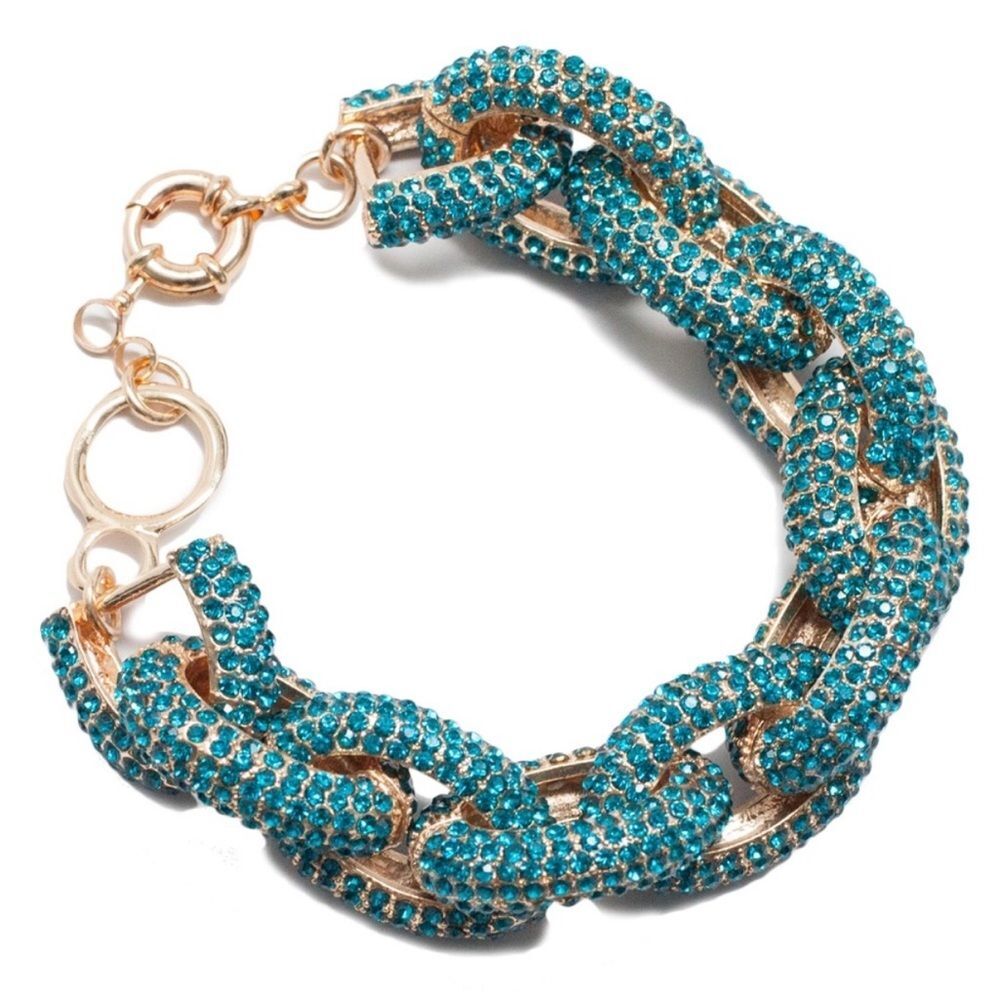 Chunky studded bracelet Elegant Blue and Gold shiny Chain rhinestones A1